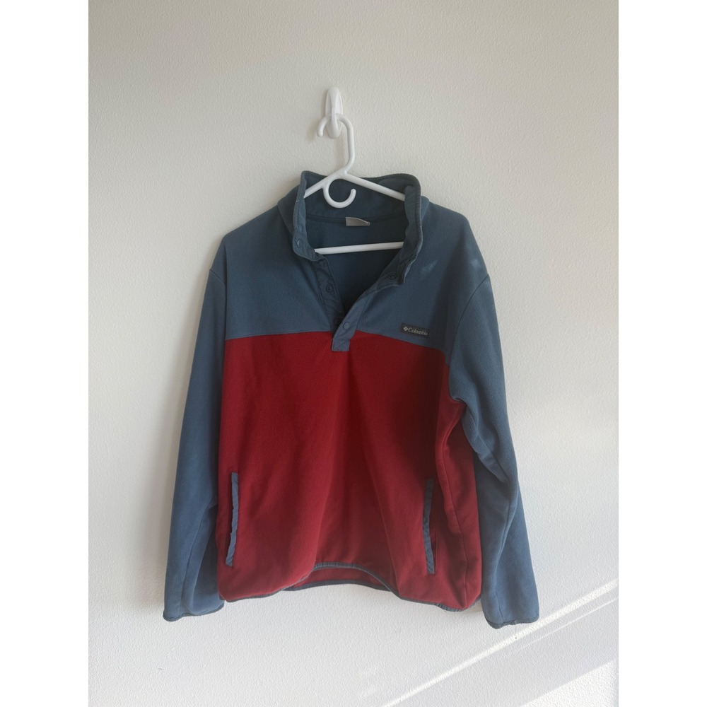 Columbia Mens Fleece Pullover Colorblock Blue Red Snap Neck Jacket Large
